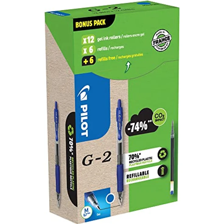 Pilot G-2 Gel, Schreibstift mit Druckmechanik und gummierter Griffzone, 12er Pack + 12 Refills (Blau) – Bild 1