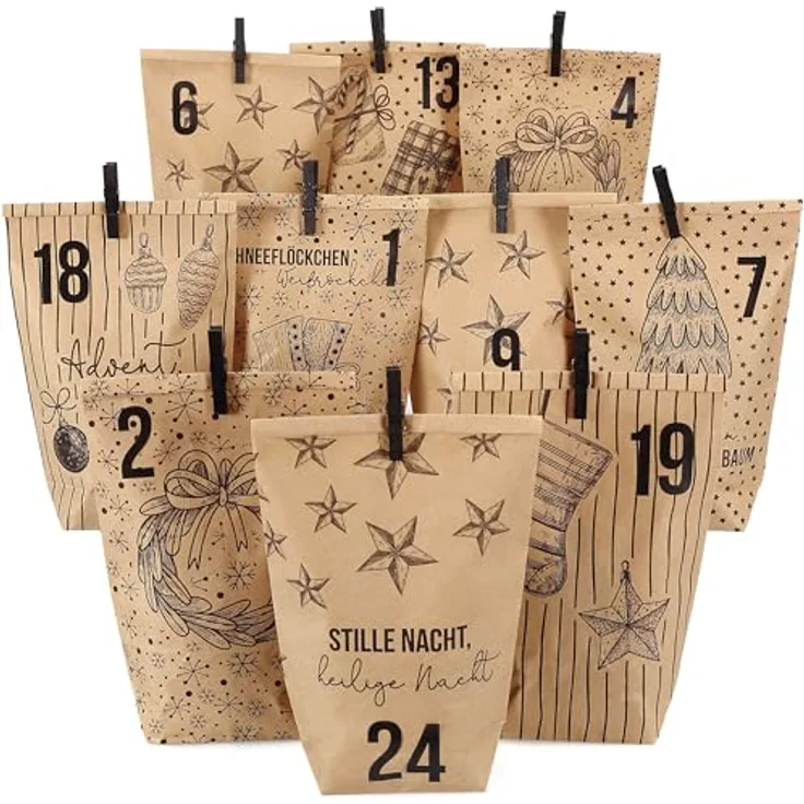 PAPIERDRACHEN Extravaganter Adventskalender zum Befüllen - mit 24 braunen Geschenktüten und 24 Zahlenaufklebern - Motiv Christmas - zum Basteln und Verschenken - Weihnachten & Advent