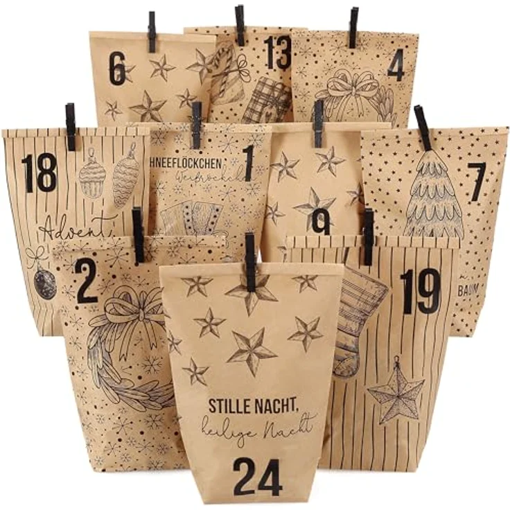 PAPIERDRACHEN Extravaganter Adventskalender zum Befüllen - mit 24 braunen Geschenktüten und 24 Zahlenaufklebern - Motiv Christmas - zum Basteln und Verschenken - Weihnachten & Advent – Bild 1