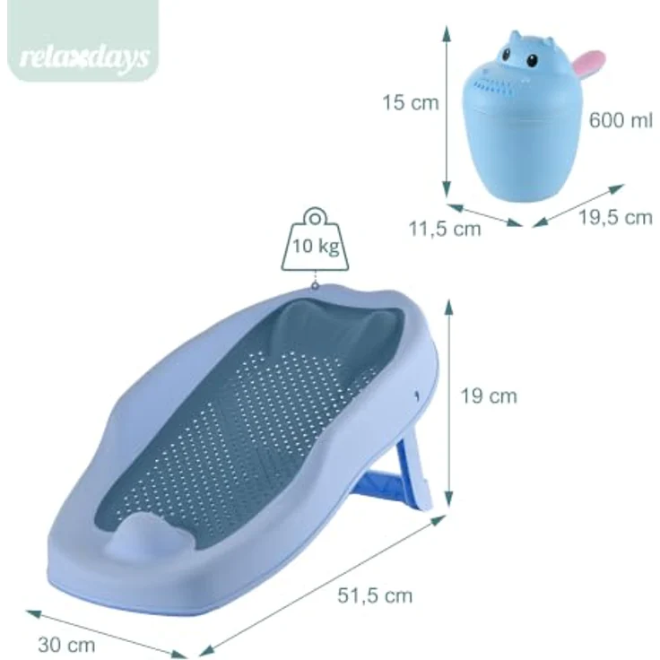 Relaxdays Baby-Badehilfe Set, rutschfeste Badestütze mit tränenfreiem Haarwaschbecher, blau, HBT: 19x51,5x30 cm – Bild 4