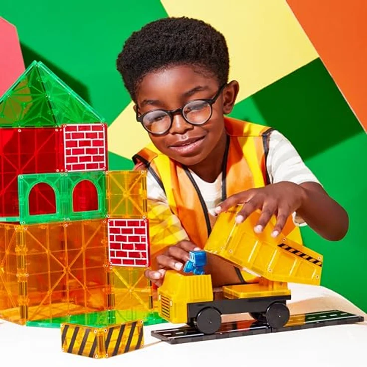 Magna-Tiles Builder XL 50 STK., Magnetisches Konstruktions-Set mit Auto-Chassis und beweglichen Teilen, bunt – Bild 2