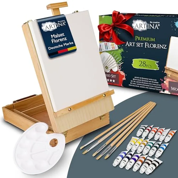 Artina 28tlg Malset Florenz im Malkoffer, Acrylfarben Set mit 18x 12ml Farben, Kofferstaffelei und Zubehör, für Einsteiger & Hobbykünstler