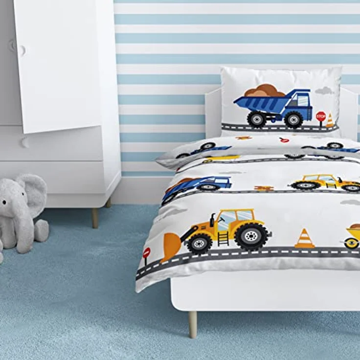 MTOnlinehandel TRAUMHELDEN Bagger Babybettwäsche 135x100 Flanell/Biber ☆ 1 Kissenbezug 40x60 + 1 Bettbezug 100x135 cm ☆ Baustelle Fahrzeuge ☆ Hochwertige Jungen-Bettwäsche mit Reißverschluss – Bild 3