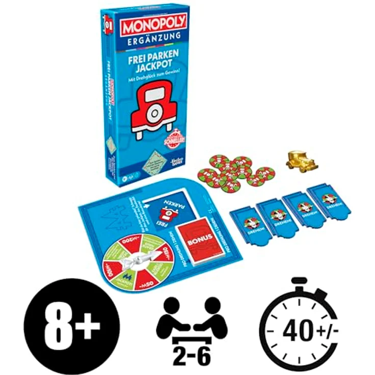 Monopoly Ergänzung Frei Parken Jackpot, Brettspiel Erweiterung für klassisches Monopoly mit Jackpot-Drehscheibe und Dealmobil, deutsche Fassung – Bild 2