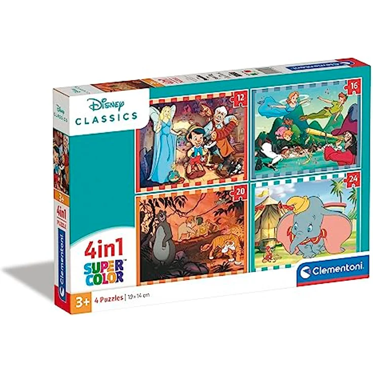 Clementoni 21523 Supercolor Puzzle 4 in 1 Disney Classics - Buntes Kinderpuzzle mit Besonderer Leuchtkraft & Farbintensität, 12,16,20,24 Teile ab 3 Jahren – Bild 1