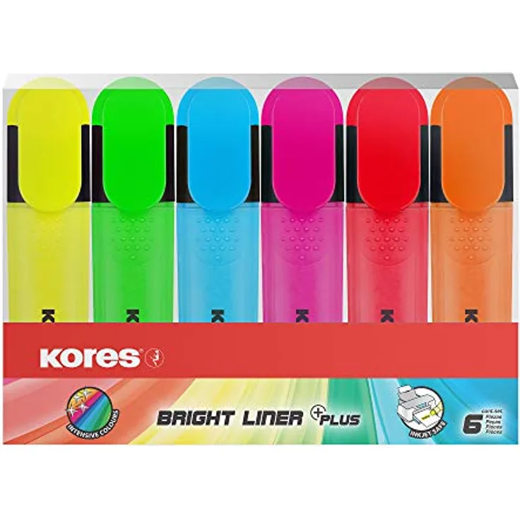 Kores TM36160 Textmarker 6er Set, 6 Farben (gelb/grün/orange/pink/rot/blau), wasserbasierte Tinte, auslaufsicher, abgerundete Form