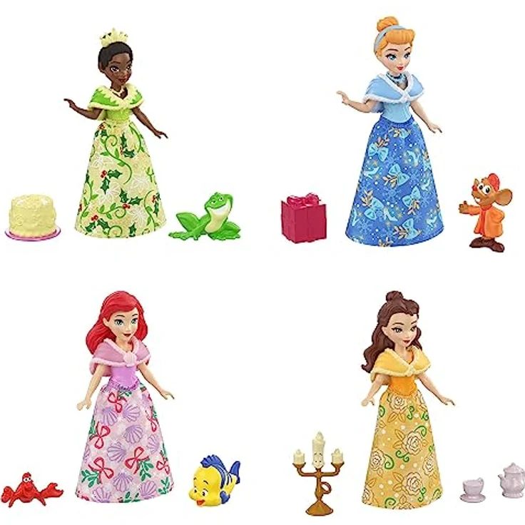 DISNEY Princess Adventskalender - 24 Türchen mit Geschenken rund um beliebte Filmfiguren wie Tiana, Cinderella und Belle, inklusive 4 kleinen Prinzessinnenpuppen, HLX06 – Bild 5