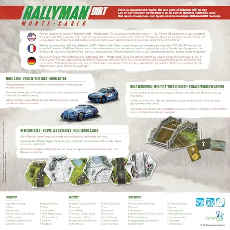 Synapses Games Rallyman: Dirt Monte Carlo, Erweiterung zum Push Your Luck Brettspiel für 1 bis 6 Spieler, ab 14 Jahren, 4-In-1 mit neuen Autos, Oberflächentypen und spezialisierten Reifen, 60+ Minuten Spieldauer – Bild 2