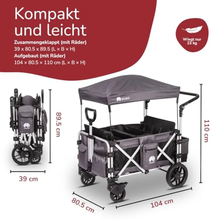 elvent FamilyStar 4 Kinderwagen 4-Sitzer – leicht, faltbar, bis 80 kg, viel Platz, Sonnendach, Sitzpolster, 5-Punkte-Gurt – Bild 3