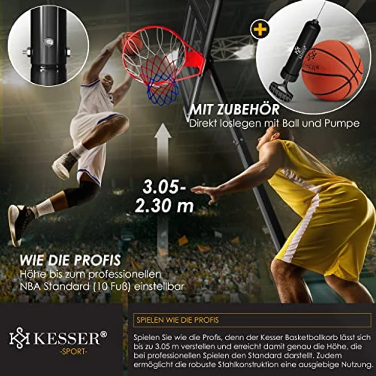 KESSER® Basketballkorb Premium mit Ständer Rollen Inkl. Basketball + Pumpe verstellbare Korbhöhe 230 bis 305 cm höhenverstellbar Korbanlage Outdoor komplett Basketballanlage für Erwachsene Kinder Schwarz - Preisvergleich – Bild 6