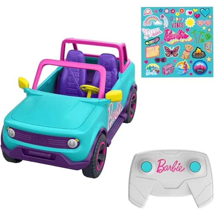 HOT WHEELS Barbie Ferngesteuerter SUV mit Aufklebern, kann 2 Barbie-Puppen plus Zubehör aufnehmen, individuelle Gestaltung durch aufklebbare Sticker, HTP53 – Bild 1