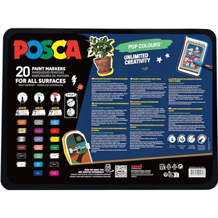 POSCA Uni-Ball 186832 Marker Set, 20 Acrylstifte Pop Colours mit PWE5M Spitze, Wasserfeste Farbmarker im Etui für verschiedene Oberflächen – Bild 2