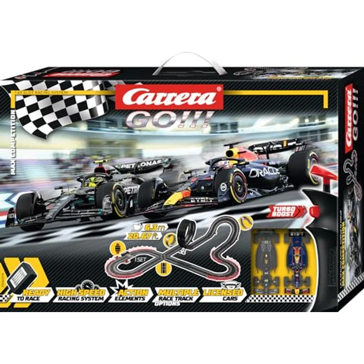 Carrera GO!!! Max Competition Rennbahn-Set, 6,3 Meter mit lizenzierten Formel-1-Slotcars für bis zu 2 Spieler, inklusive Mercedes-AMG F1 W14 E und Red Bull Racing RB19, für Kinder ab 6 Jahren und Erwachsene – Bild 2