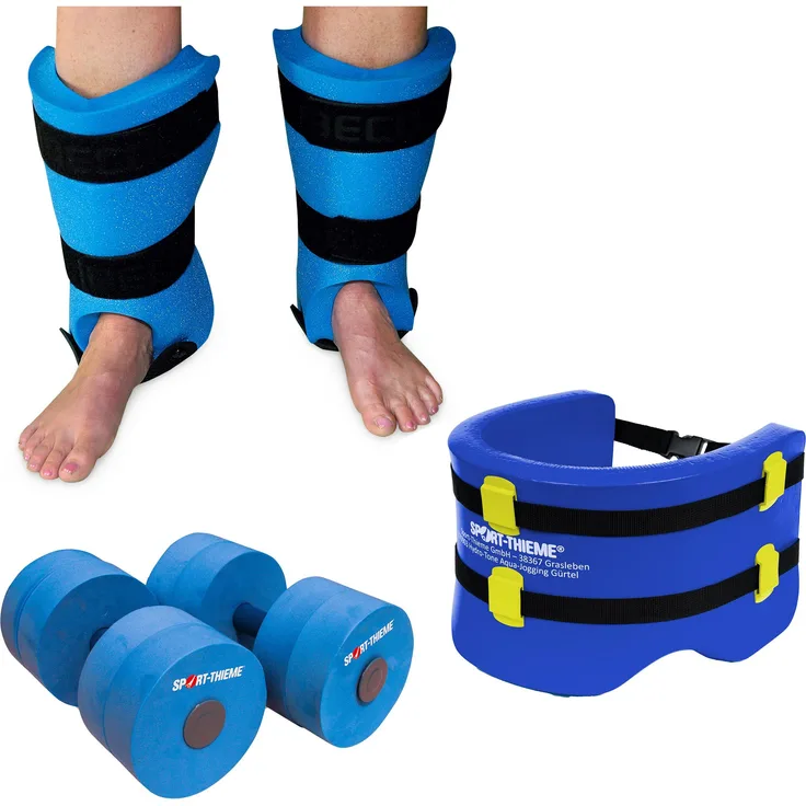Sport-Thieme Aqua-Fitness-Set, Schwimmhilfe mit Aqua-Jogging-Gürtel, Hanteln und Beinschwimmern, blau
