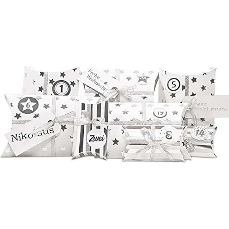Frau WunderVoll® DIY Adventskalender zum Befüllen HoHoHo Metallic, matt weiß, Silber/Weihnachtskalender Bastelset Weihnachten,Schachteln,Kissenschachteln, Pillowbox, Kinder, Zahlen, Geschenkbeutel – Bild 1