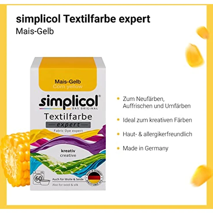 simplicol Textilfarbe expert Mais-Gelb 1701 - Zum Umfärben und Auffrischen von Kleidung, Waschmaschinenfest, für Baumwolle, Wolle, Seide, Leinen, Viskose & Mischgewebe – Bild 3