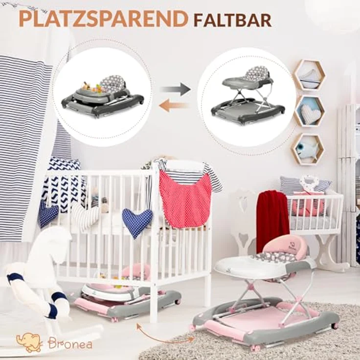 Bronea BRONEA® 4-in-1 Gehfrei Babywalker ab 6 Monate | Lauflernwagen mit Schaukelfunktion und Spielpaneel mit Musik | Höhenverstellbare und Klappbar | Lauflernhilfe mit leisen Rollen und Bremsen – Bild 5