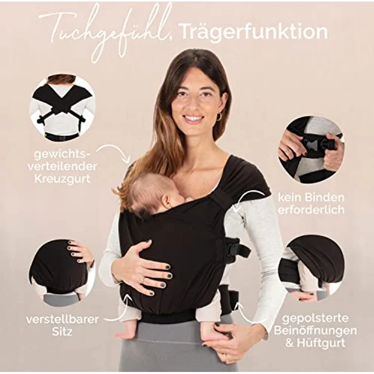 Boba Bliss Babytrage Neugeborene ab Geburt bis 15 kg - 2-in-1 Baby Carrier & Baby Tragetuch Ohne Binden & Knoten, Hüftfreundliche Babytrage ab Geburt, Weiche & elastische Baby Trage (Schwarz) – Bild 7
