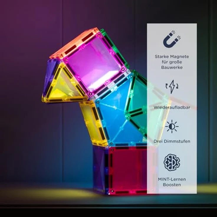 CONNETIX Magnetische Fliesen Light Star Paket, 28 Stück mit wiederaufladbarer Lichtfliese und 8 leuchtenden Farben, für kreatives DAMPF-Lernen – Bild 5