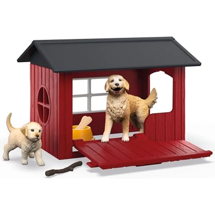 Schleich Hundehütte mit Golden Retrievern, rote Holz-Hundehütte mit Fenster und abnehmbarem Dach, 17 x 13 x 7,8 cm – Bild 3