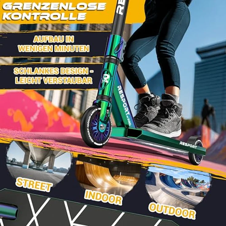 RE:SPORT REVO PRO Stunt Scooter für Kinder & Erwachsene, inkl. Ständer, 110mm PU Räder, ABEC 9 Kugellager, Y-Bar, rutschfestes Deck, leichtgewicht 3,6 kg – Bild 4