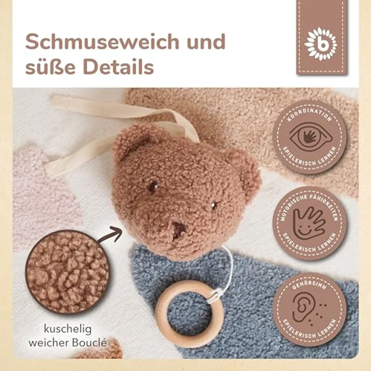 Bieco Musikspieluhr Bär Mika, ca. 30 cm, Bouclé Teddy mit Brahms Wiegenlied, Einschlafhilfe für Babys – Bild 4