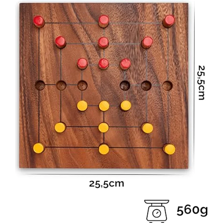 Logoplay Mühle Gr. XL für 2 Spieler, stabiles Spielbrett aus Samena-Holz 25 x 25 cm mit farbigen Spielsteinen und Stoffbeutel – Bild 2
