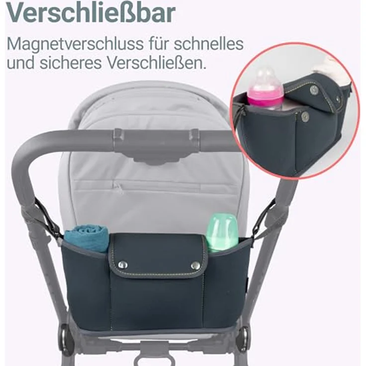 Zamboo Buggy Organizer Universal, Neopren Kinderwagentasche mit Klettbefestigung, 4 Fächern und Getränkehalter, grau – Bild 5
