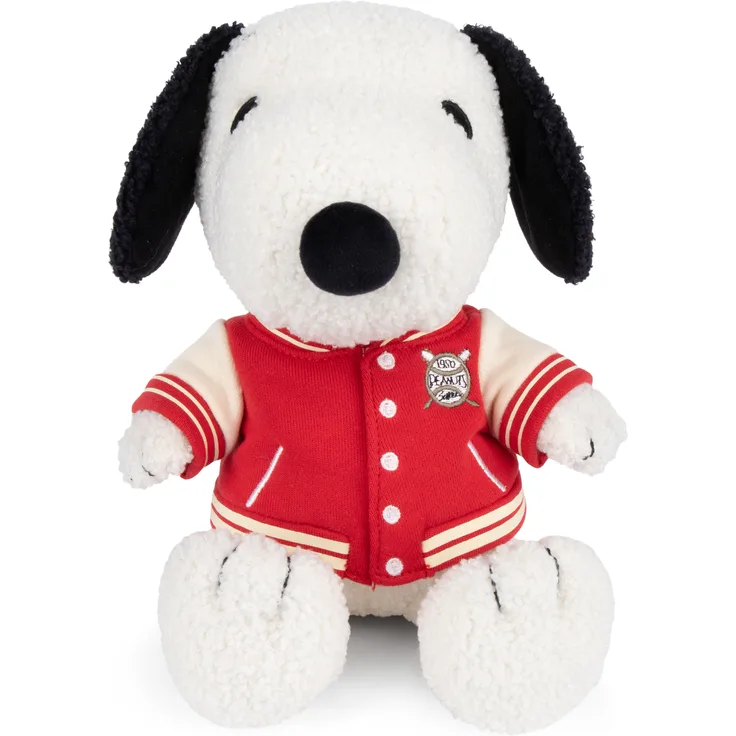 International Bon Ton Toys Snoopy Kuscheltier mit roter College Jacke, 25 cm, Schwarz/Weiß, aus 100% recyceltem Polyester