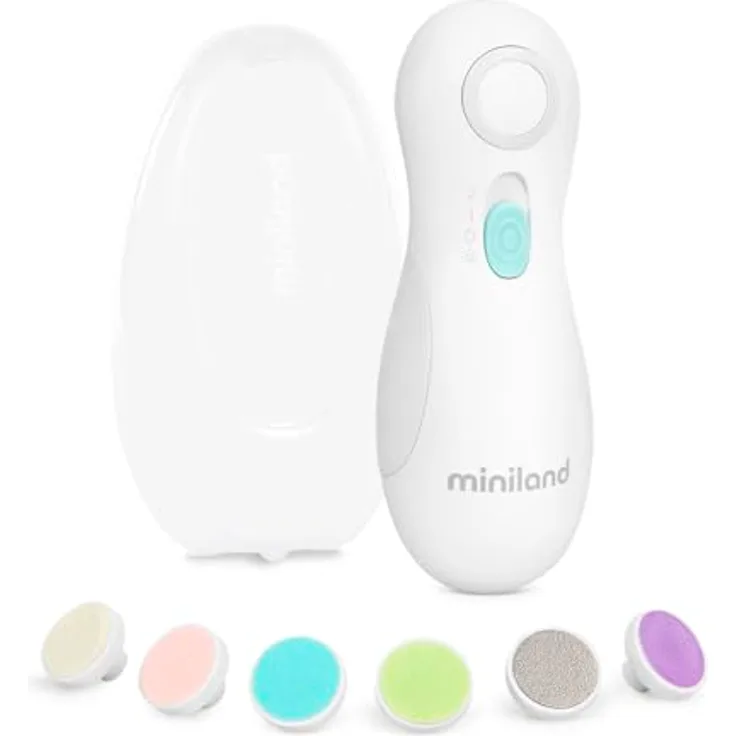 Miniland Baby-Nagelfeile, Elektrische Nagelfeile für Babys mit 6 austauschbaren Köpfen und Sicherheitsabschaltung