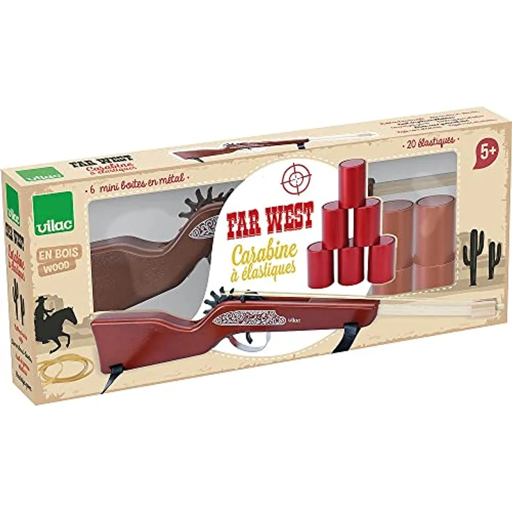 Vilac Spielzeug, Gewehr aus Holz mit 20 Gummibändern und 6 Metall-Mini-Dosen, Kostümzubehör für Kinder ab 5 Jahren – Bild 4