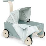 Hauck Learn to Walk Dolls 2in1 Puppenwagen & Lauflernwagen aus Holz mit Höhenverstellbarem Griff, Bremssystem und Gummierten Holzrädern für Kinder ab 12 Monaten, inklusive Bettzeug und Klappbarem Verdeck