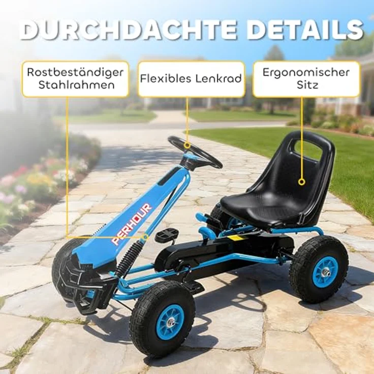 AIYAPLAY Go-Kart Tretauto mit verstellbarem Sitz, Handbremse und Vor- und Rückwärtsgang, für Kinder 3-8 Jahre, Blau – Bild 6