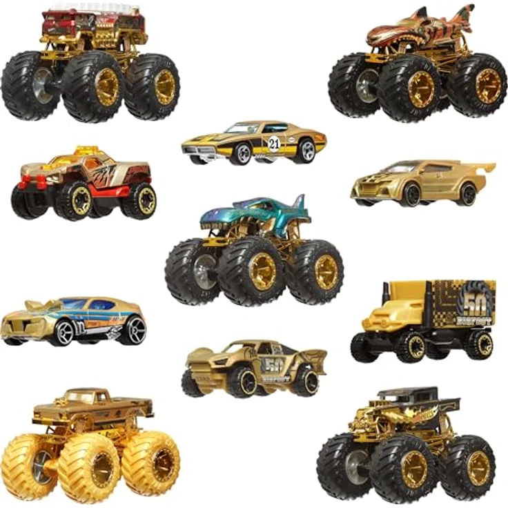 Hot Wheels Monster Trucks Trophy Champions Collection, Spielzeugautos mit Die-Cast-Bigfoot in goldfarben, 5-Alarm, Bone Shaker, Mega-Wrex und Tiger Shark, 11-teiliges Set, JDW07 – Bild 2