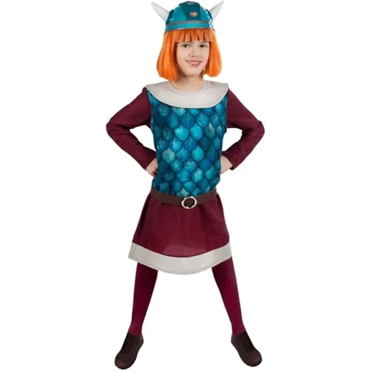 Maskworld Wickie der schlaue Wikinger-Junge, vierteiliges Kinderkostüm 122-128, lilafarbene Tunika mit Gürtel und Überwurf