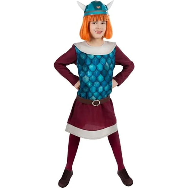 Maskworld Wickie der schlaue Wikinger-Junge, vierteiliges Kinderkostüm 122-128, lilafarbene Tunika mit Gürtel und Überwurf – Bild 1