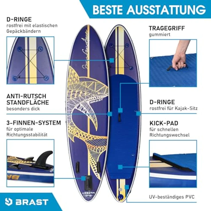 BRAST® SUP Board Shark, Aufblasbares Stand up Paddle Set, 320x81x15cm, 140kg Tragkraft, 8 Designs, 5 Jahre Garantie, inkl. Kajaksitz, 2in1 Paddel, Action-Cam-Halterung, Pumpe, Rucksack – Bild 5