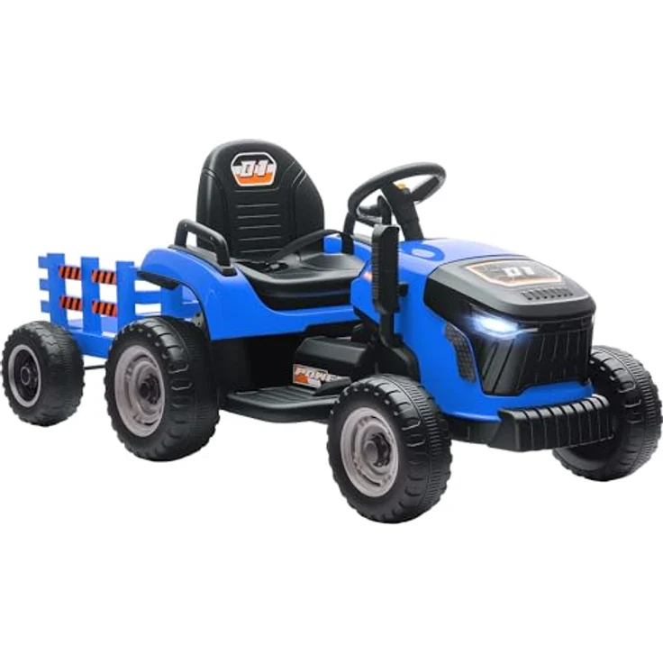 AIYAPLAY Elektrischer Kinder Traktor mit Anhänger, 2 Motoren, Fernbedienung, 3-Gang, Musik und Hupe, Sanftstart, für 3-8 Jahre, Blau – Bild 1