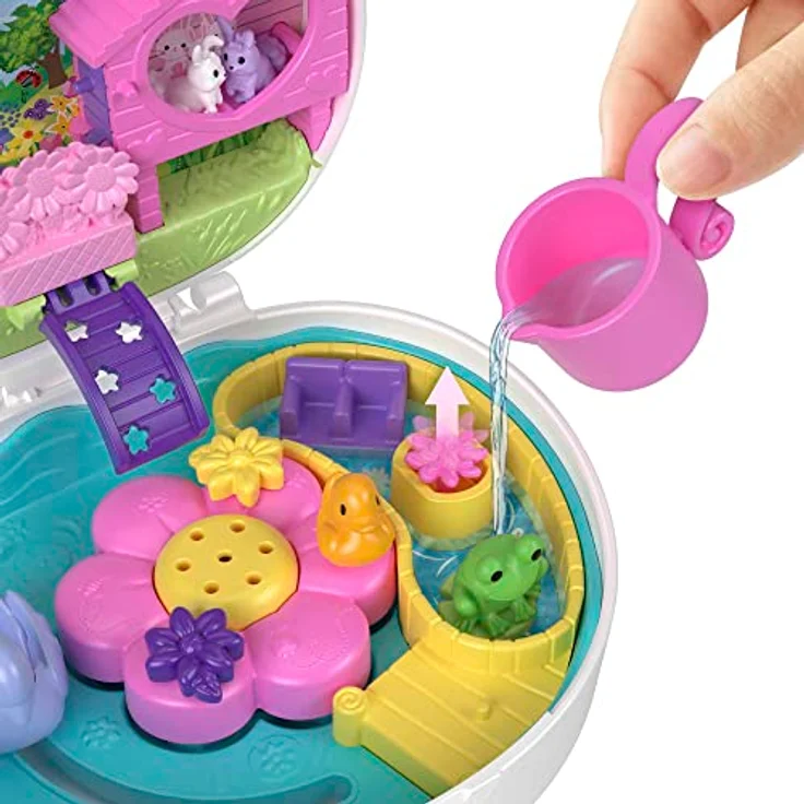 POLLY POCKET Blumen-Häschen Schatulle - Spielset mit Wasserspaß und Farbwechseleffekt, 2 Puppen, 12 Zubehörteilen und 5 Funktionen, für Kinder ab 4 Jahren, HKV36 – Bild 4