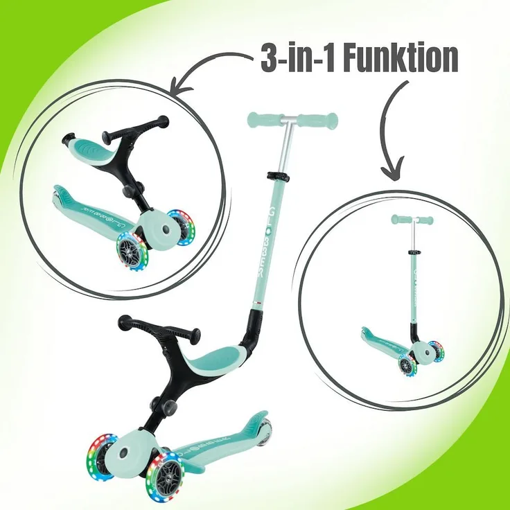 authentic sports & toys Globber Go-Up Active Lights 3-in-1 Kinderfahrzeug / Dreirad, Laufrad und Scooter - LED-Leuchtrollen, 3-fach umbaubar, ab 12 Monate, max. 50 kg, blau