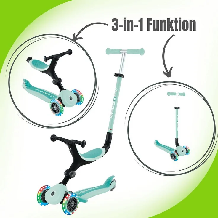 authentic sports & toys Globber Go-Up Active Lights 3-in-1 Kinderfahrzeug / Dreirad, Laufrad und Scooter - LED-Leuchtrollen, 3-fach umbaubar, ab 12 Monate, max. 50 kg, blau