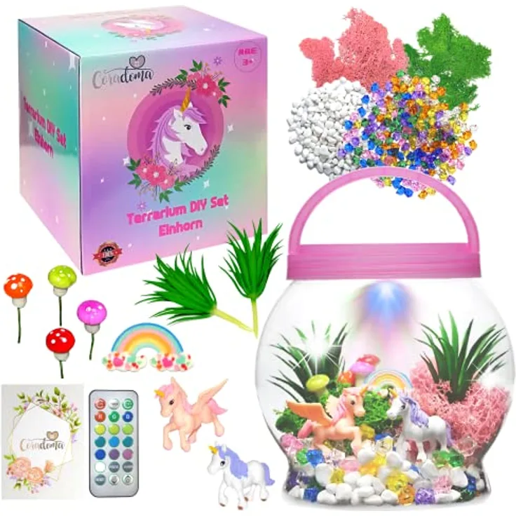 Terrarium Kit Einhorn für Kinder | DIY Bastelset Spielzeug Set mit Nachtlicht Lampe | Junge und Mädchen Geschenke 3 4 5 6 7 8+ Jahre Basteln Kreativ Deko