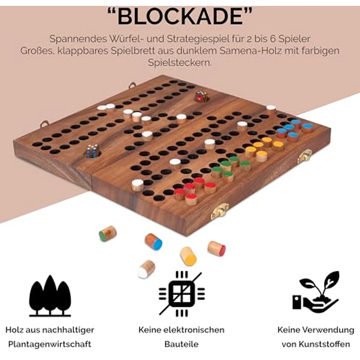 Logoplay Blockade, Brettspiel für 2-4 Spieler, zusammenklappbar mit Metallverschluss, Spielfeld 26 x 27 cm aus Samena-Holz – Bild 6