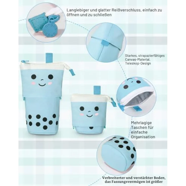 Xespis Teleskopisches Federmäppchen mit Reißverschluss, Multifunktionales Standmäppchen in Blau, Hochwertiges Canvas-Material – Bild 3