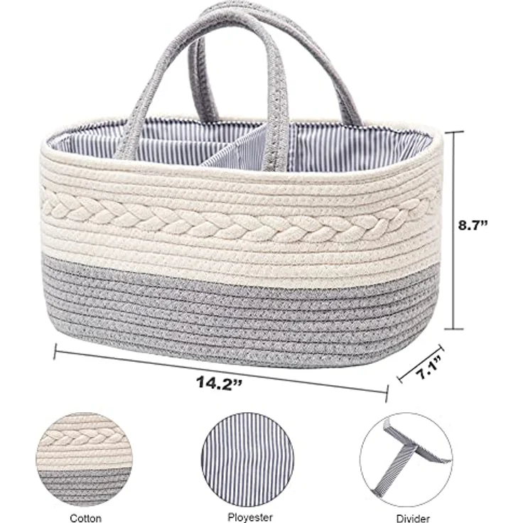 YeaYee Baby Windel Caddy Organizer, multifunktionale Aufbewahrungsbox aus 100% Baumwoll-Leinen mit wechselbaren Fächern, farblich neutral, 36,1 x 22,1 x 18 cm, ideal als Babyparty-Geschenk – Bild 4