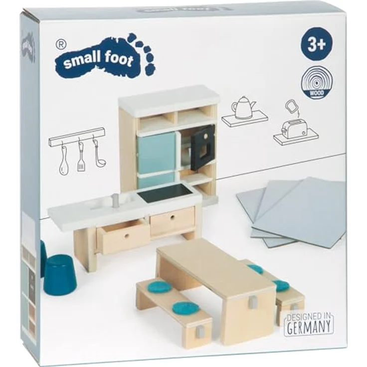 Small Foot Puppenhausmöbel Küche, 11tlg. Puppenhausküchen-Set mit Hochschrank, Kücheninsel und Sitzgruppe, Naturholz mit modernen Akzenten – Bild 10