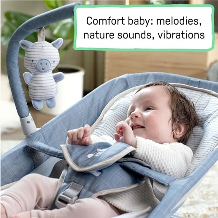 Ingenuity Happy Belly Babywippe & Babyschaukel mit Bauchmassage, Vibration, Musik & Faultier - Blau (Chambray), für 0–6 Monate – Bild 5