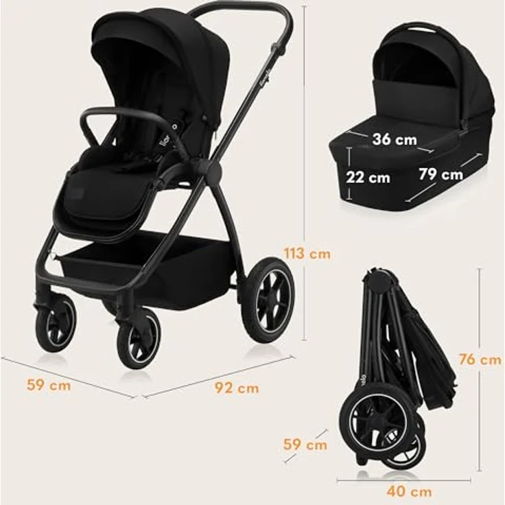 Lionelo Meril 3-in-1 Kombikinderwagen, XL-Babywanne bis 9 kg, ADAC-zertifizierter Kindersitz bis 13 kg, geländegängige Gummiräder, vollgefederte Konstruktion - Black – Bild 9