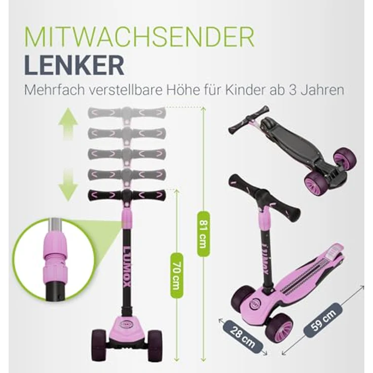 JUSKYS® Kinderroller Lumox Rosa, höhenverstellbarer Dreiradscooter mit LED-Rollen, klappbar, Hinterradbremse und Komfortfederung – Bild 3