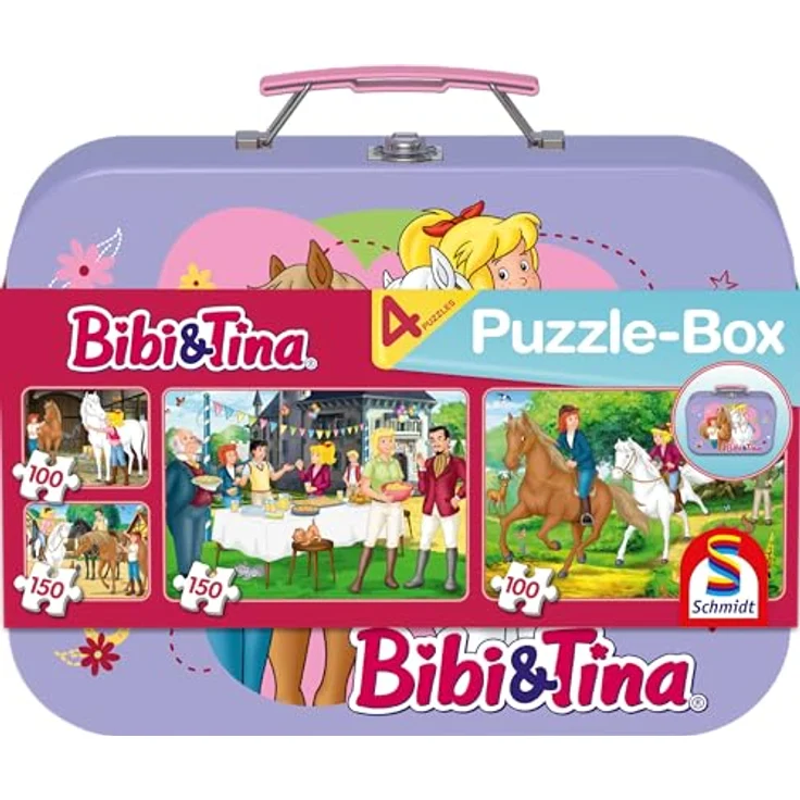 Schmidt Spiele 55609 Bibi und Tina Puzzle im Metallkoffer, 4 Kinderpuzzle mit 2x100 und 2x150 Teilen, bunt, exklusiv bei Amazon – Bild 1